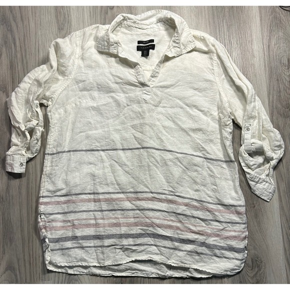Tahari Tops - Tahari 1X Linen Stripe Collared V-Neck Roll-Tab Sleeve Shirt Top Womens tunic